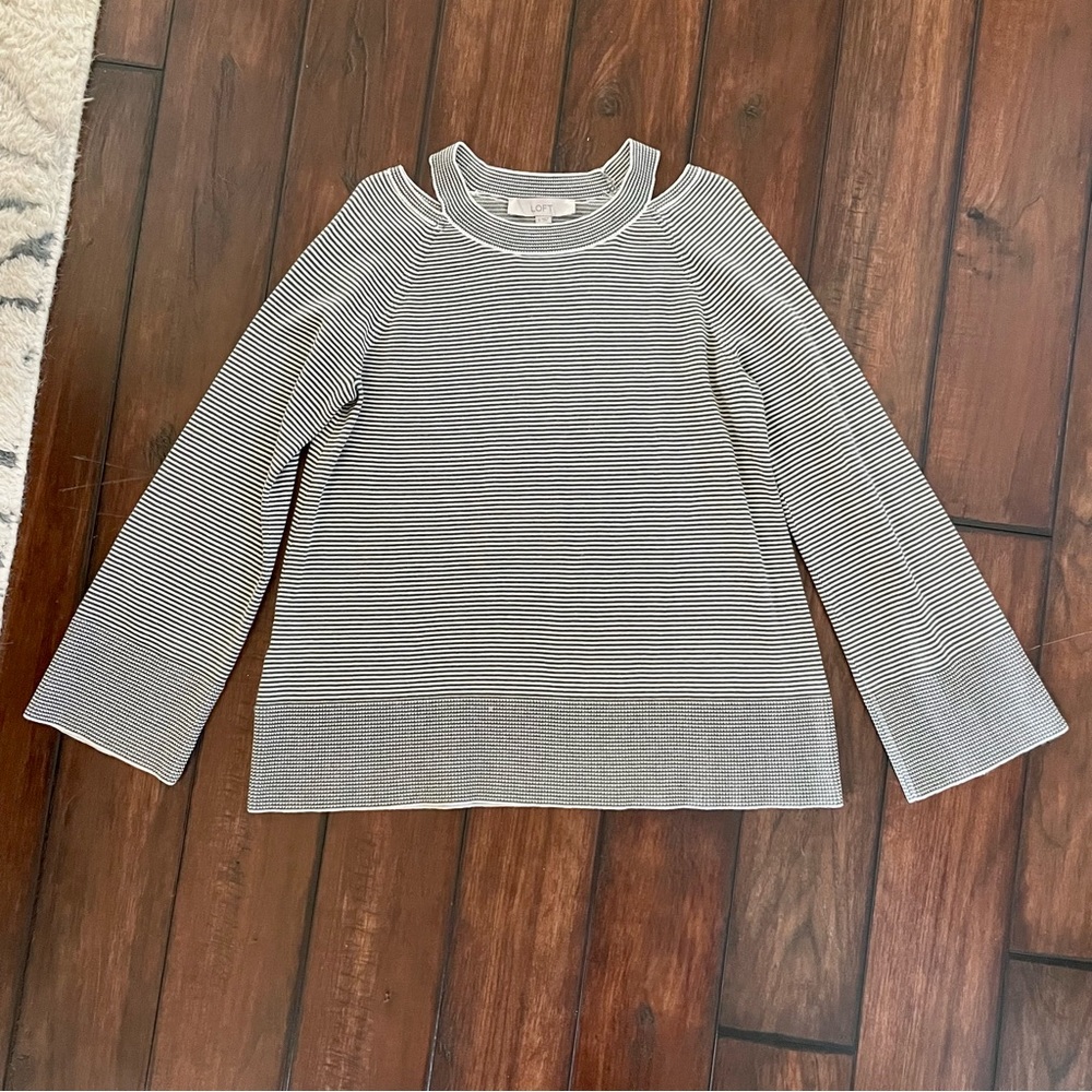 LOFT Striped Shoulder Cutouts Cotton Sweater